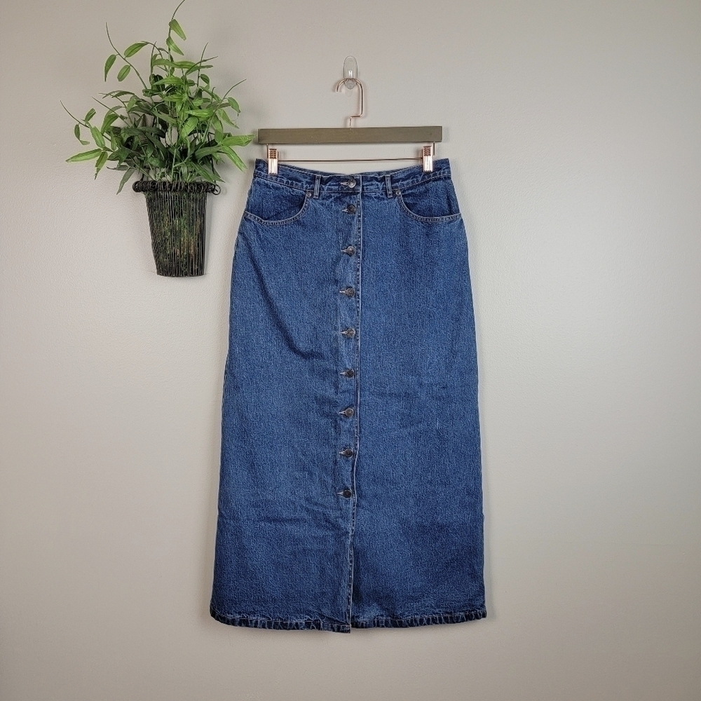 Eddie Bauer Vintage Flannel Lined Jean Skirt Long Denim Button Down Plaid Y2K - Picture 2 of 14